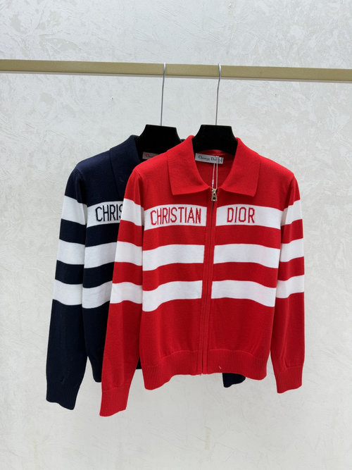 Dior Contrasting Color Striped Letter Turned Collar Knit Long-Sleeve Cardigan in Red and Sapphire Blue