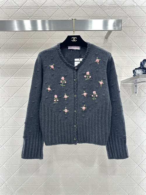 Valentino Round-Neck Floral Embroidery Knit Cardigan with Wave Lace