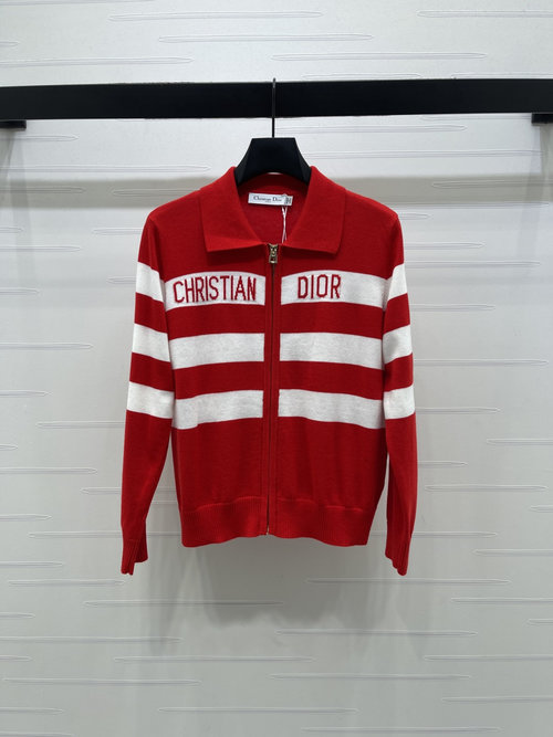 Dior Casual Striped Zip-Up Knit Cardigan with Logo