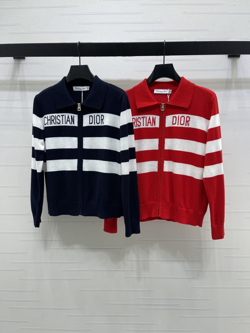 Dior Casual Striped Zip-Up Knit Cardigan with Logo