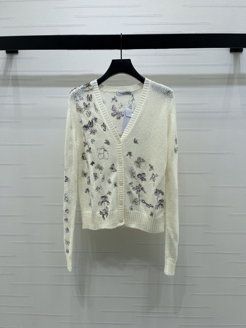 Dior Elegant V-neck Cardigan with Heavy Butterfly Embroidery and Delicate Knitting
