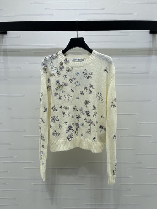 Dior Chic Crew Neck Sweater with Heavy Butterfly Embroidery and 3D Butterfly Design