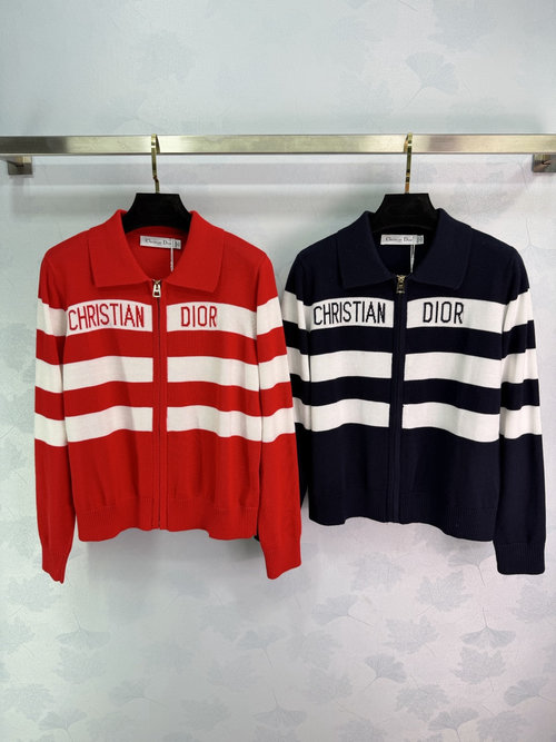Dior Simple and Stylish Striped Knit Zip Cardigan with Logo