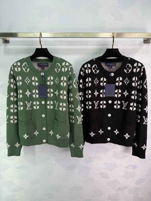 Louis Vuitton Double-Pocket Jacquard Crew-Neck Cardigan, High-End and Sophisticated