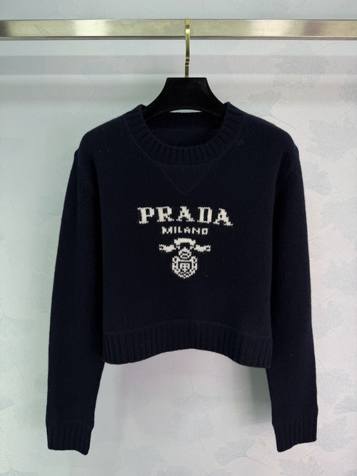 Prada Letter Embroidered Cashmere Long Sleeve Sweater with Ribbed Edging