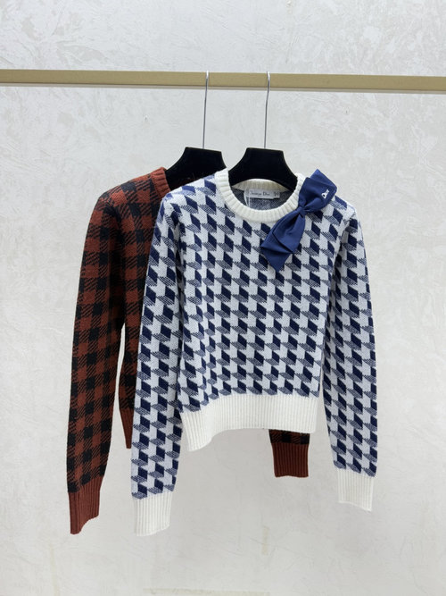 Dior Color-Blocked Bow Checkered Round-Neck Knit Embroidery