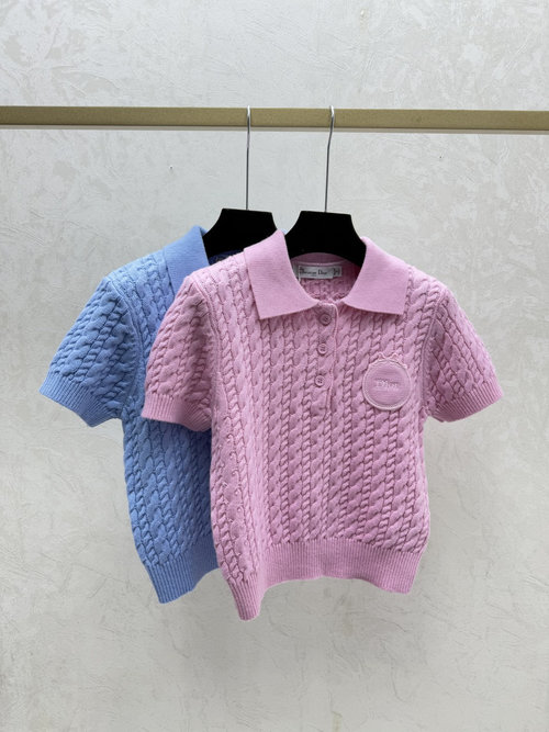 Dior Single-Color Collared Simple Short-Sleeve Knitted Top