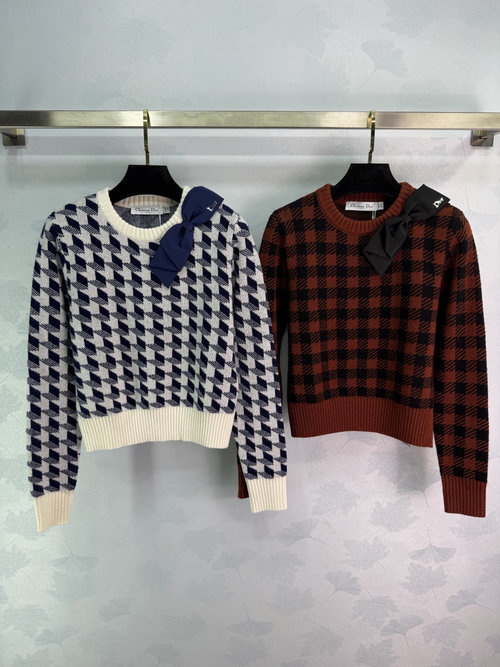 Dior Houndstooth Knit Sweater with a Neck Bow