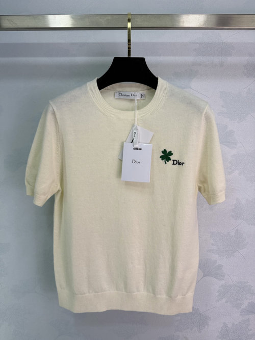Dior Soft Knit Short Sleeve with Green Clover Embroidery, Versatile Appeal