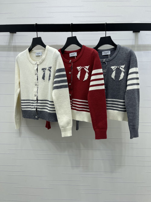 Thom Browne Sophisticated Knit Cardigan with Beaded Bow and Contrast Stripes