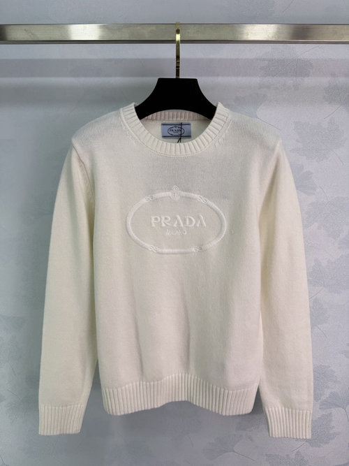 Prada Cream Knitted Sweater with Oval Logo, Soft, Warm and Relaxed Fit for Everyday Wear
