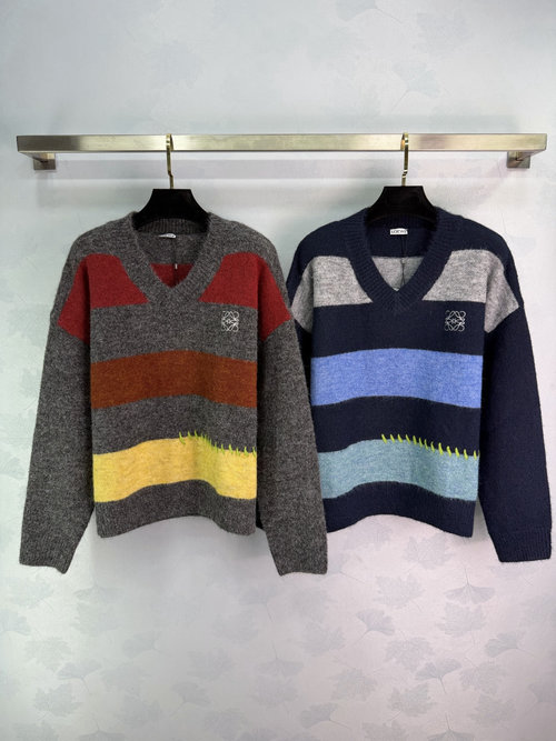 Loewe Color Block Striped V-Neck Sweater, Vibrant and Versatile for Layering