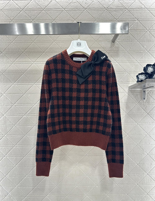 Dior Red-Black Checkered Knit Sweater with Retro Bow Accent