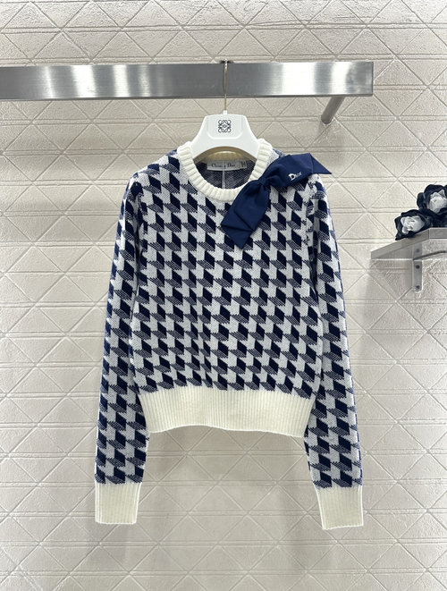 Dior Navy Houndstooth Knit Sweater Accented with an Elegant Bow