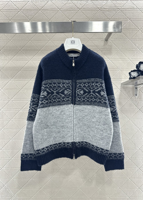 Dior Color Block Zip-Up Knitted Cardigan with Fair Isle Pattern