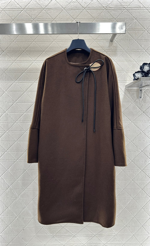 Louis Vuitton Custom Wool Long Coat with Bow and Leather Embellishment