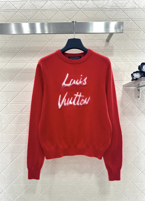 Louis Vuitton Red Wool Knit Sweater with Embroidered Letter Details
