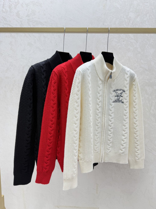 Louis Vuitton High-Neck Long-Sleeve Knit Cardigan with Back Letter Embroidery in White, Red, Black