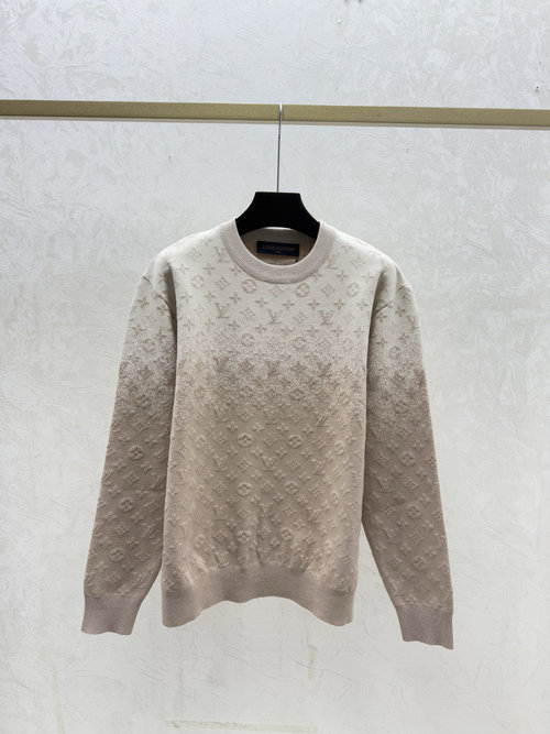 Louis Vuitton Round-Neck Long-Sleeve Knit Top with Color-Blocked Gradient Floral Letters in Khaki