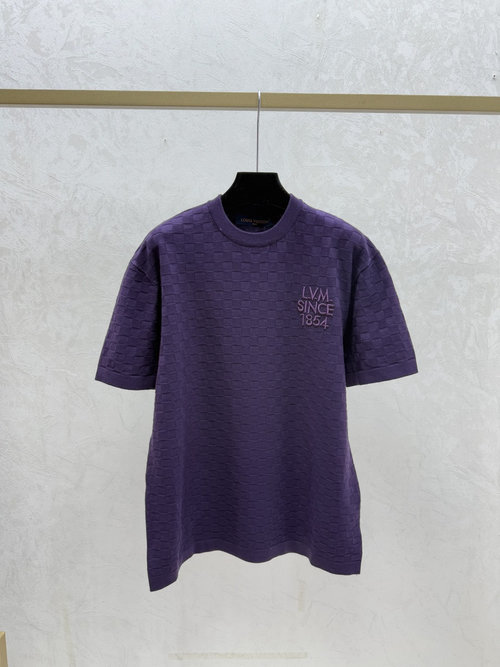 Louis Vuitton Round-Neck Short-Sleeve Knit Top with Checked Stripes in Purple