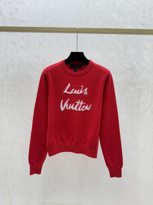 Louis Vuitton Round-Neck Long-Sleeve Knit Top with Color-Blocked Letter Jacquard in Red