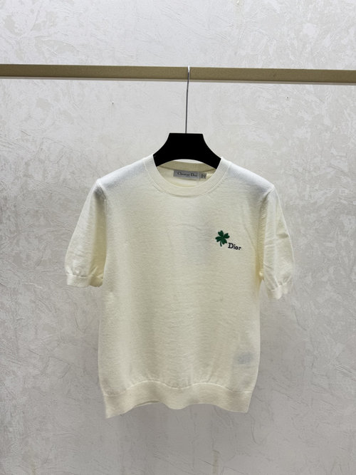 Dior Simple Solid Round-Neck Knitted Short Sleeve in White