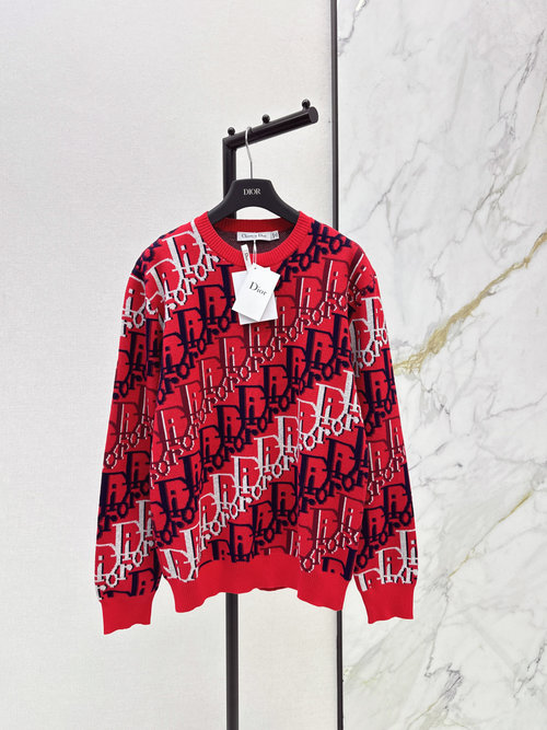 Dior Round Neck Knit Sweater with Letter Pattern, Relaxed Fit