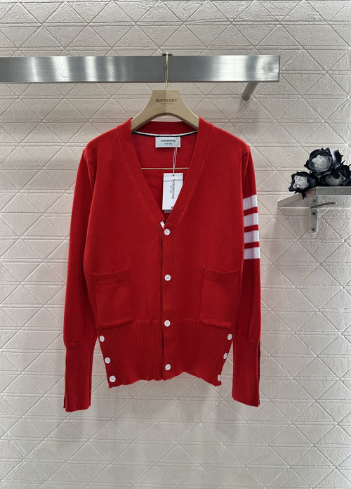 Thom Browne Red Knit Cardigan with Four-Bar Design in an American College Style