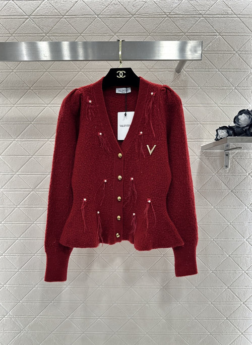 Valentino Feather Knit Cardigan with Puff Sleeves and Pearl Tassels