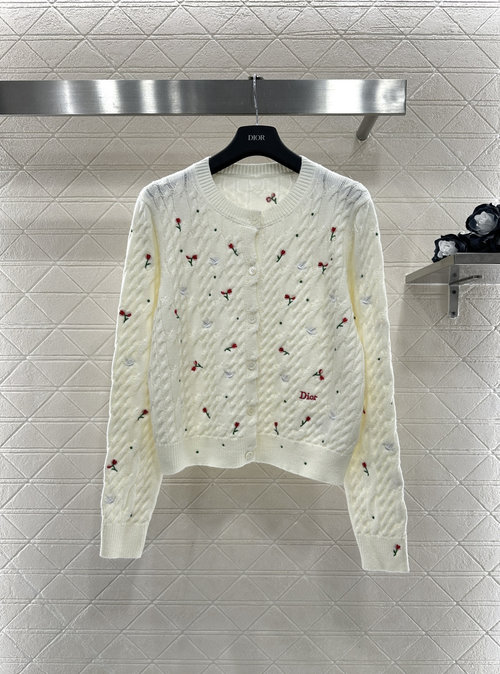 Dior Cream White Knit Cardigan with Cherry Embroidery and a Romantic Aura