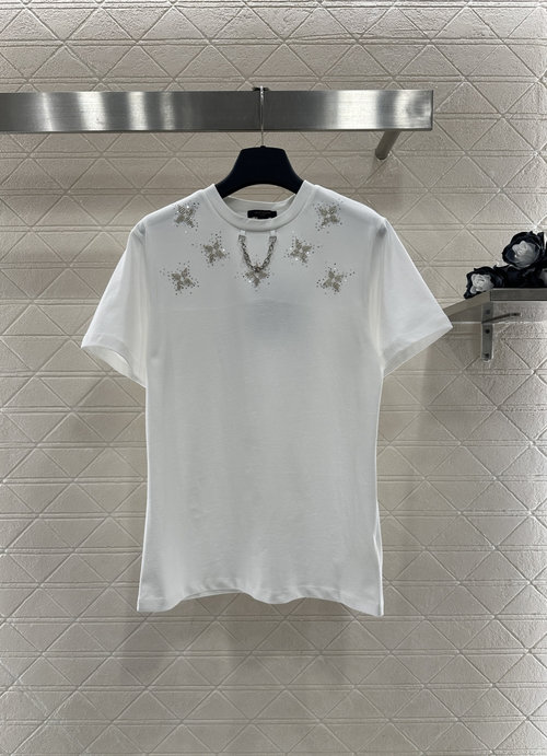 Louis Vuitton Round Neck Beaded Four-leaf Chain T-shirt