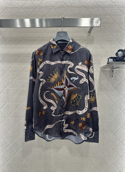 Louis Vuitton Printed Silk Shirt with Vintage Badge Pattern and Loose Fit