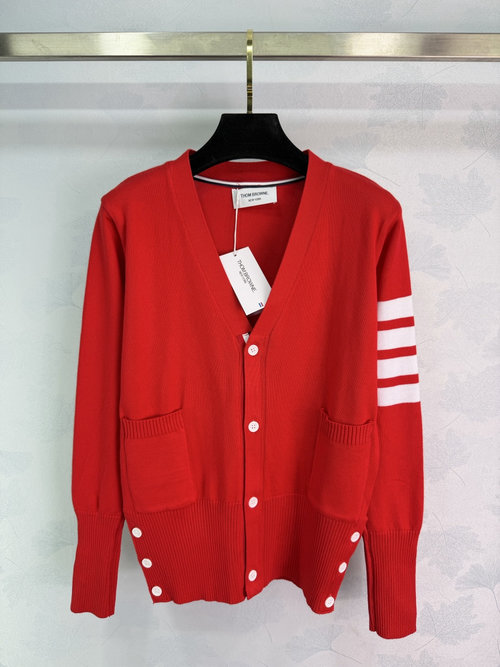 Thom Browne Classic Red Four-Stripe Cardigan, Versatile for All Occasions