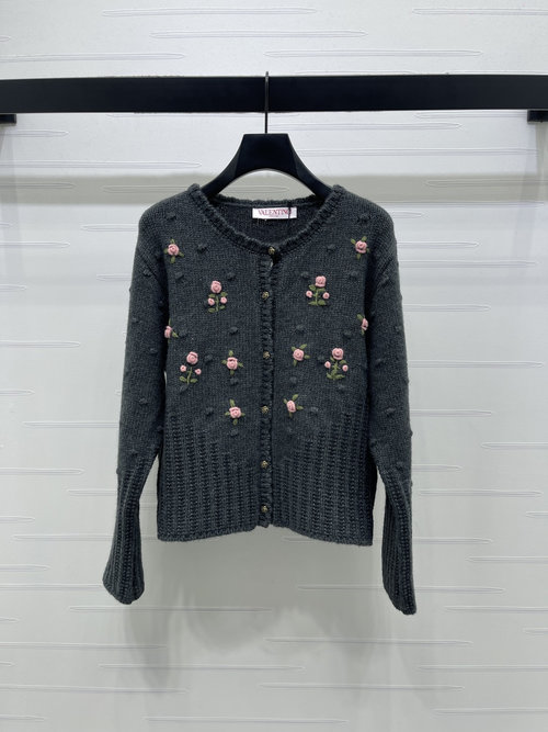 Valentino Elegant and Sweet Floral Embroidered Round Neck Cardigan in Custom Wool