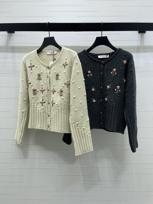 Valentino Elegant and Sweet Floral Embroidered Round Neck Cardigan in Custom Wool