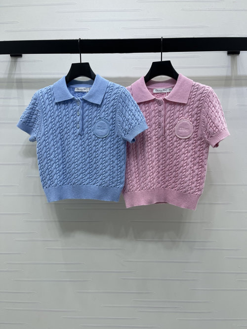 Dior High - quality Cashmere Short - Sleeve Knit with Collar and Logo