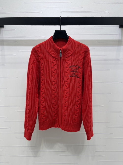 Louis Vuitton Spring Collection Collared Zipper Knit Cardigan with Embroidered Letters
