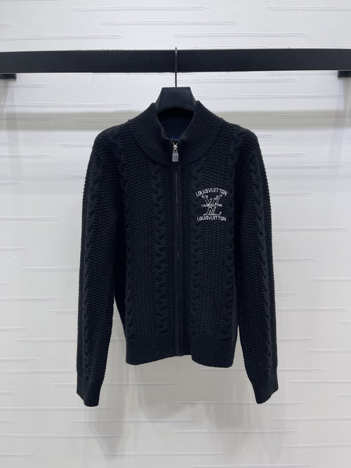 Louis Vuitton Spring Collection Collared Zipper Knit Cardigan with Embroidered Letters