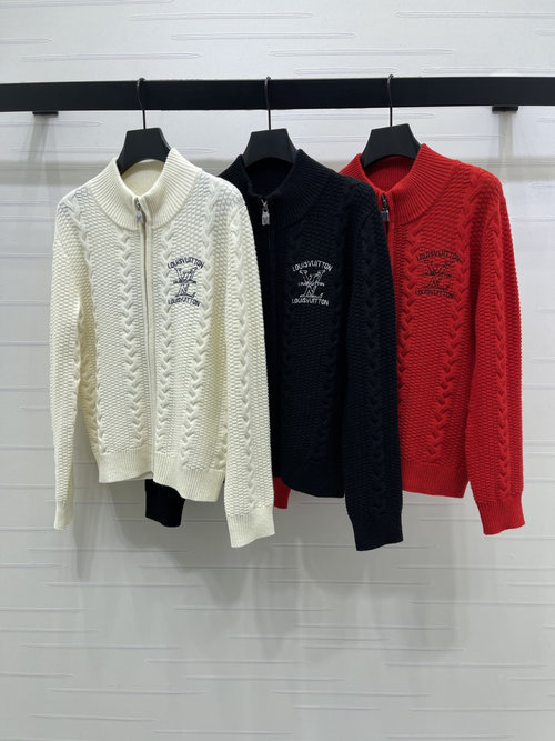 Louis Vuitton Spring Collection Collared Zipper Knit Cardigan with Embroidered Letters