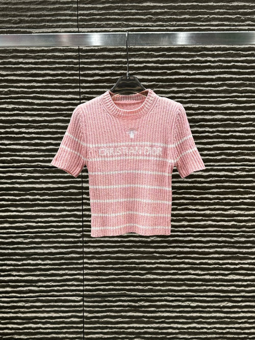 Dior Jacquard Letter Striped Knitted Short - Sleeve