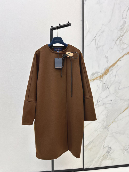 Louis Vuitton Elegant Imported Woolen Long Coat with Bow and Leather Trim