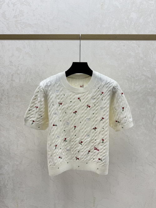 Dior Color-Blocked Floral Embroidery Round-Neck Knit Short-Sleeve in White