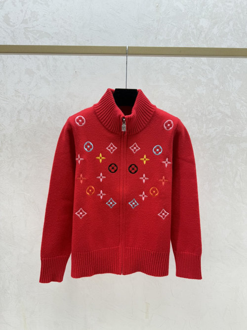 Louis Vuitton Color-Blocked Vintage Letter Embroidery Turtleneck Knit Long-Sleeve Cardigan in White, Red, Gray and Royal Blue