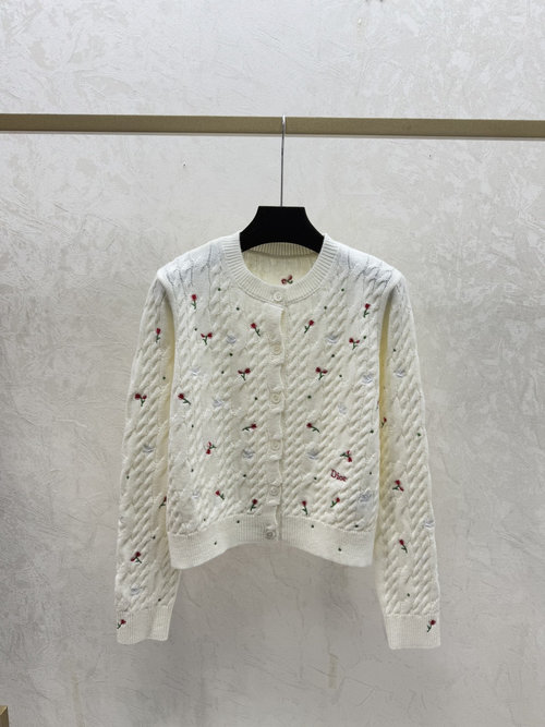 Dior Color-blocked Floral Embroidery Round-neck Knit Long-sleeved Cardigan in White