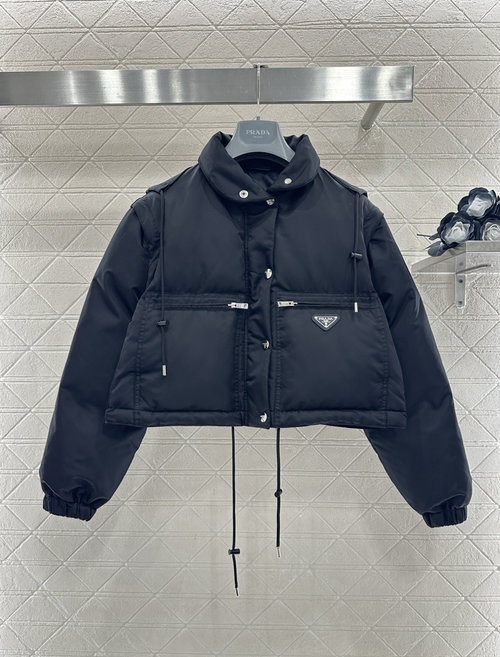 Prada Detachable 2-in-1 Short Cotton Coat with Triangle Logo, Black