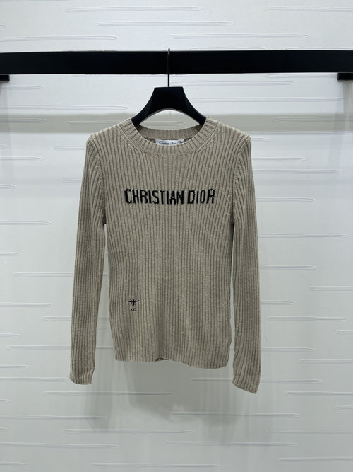 Dior Elegant Vertical Ribbed Round Neck Long Sleeve Wool Blend Sweater with Logo