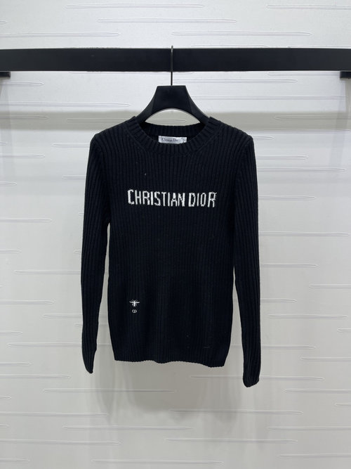 Dior Elegant Vertical Ribbed Round Neck Long Sleeve Wool Blend Sweater with Logo
