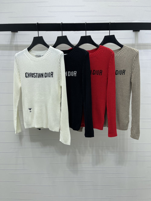 Dior Elegant Vertical Ribbed Round Neck Long Sleeve Wool Blend Sweater with Logo