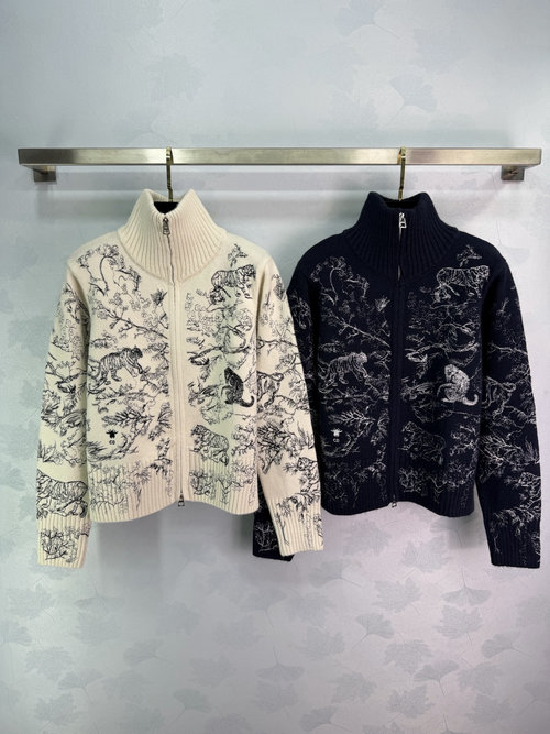 Dior Customized Wool-Cotton Embroidered Collared Zip-Up Cardigan