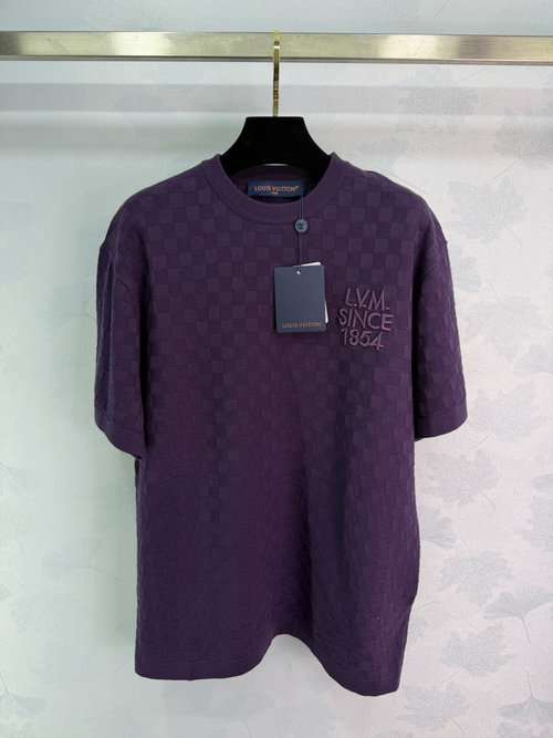 Louis Vuitton Purple Checkered Knit Short Sleeve with Intricate Logo Embroidery